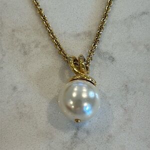 Vintage Long Gold Tone Necklace With Faux Pearl Pendant